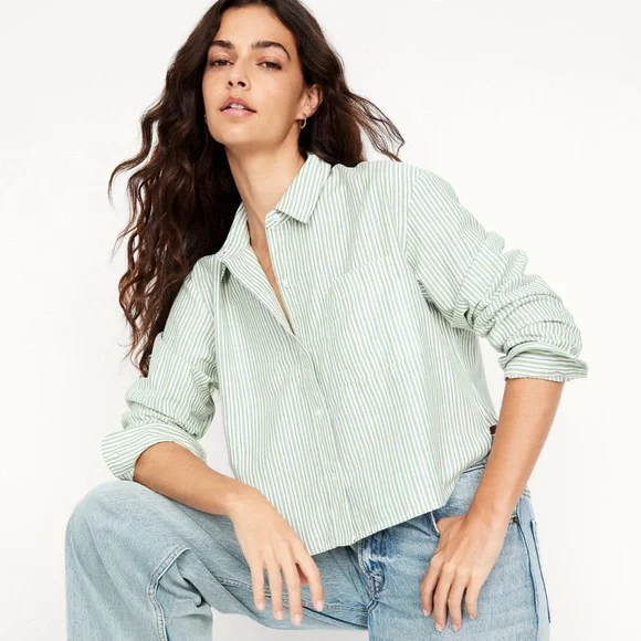 NWT Old Navy Cropped Button-Down White and Green Striped Shirt | Women’s XXL - Picture 13 of 16